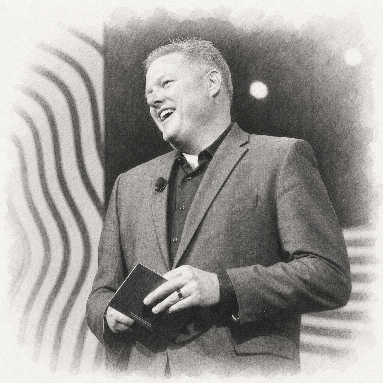 Graphite treatment of Chris Pollinger speaking on stage