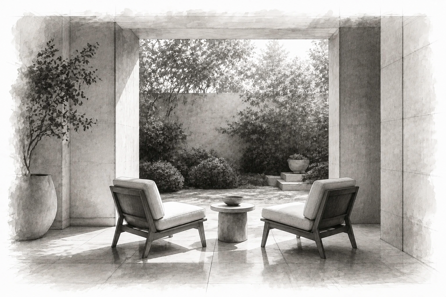 Graphite illustration of two chairs and a small table facing a quiet garden