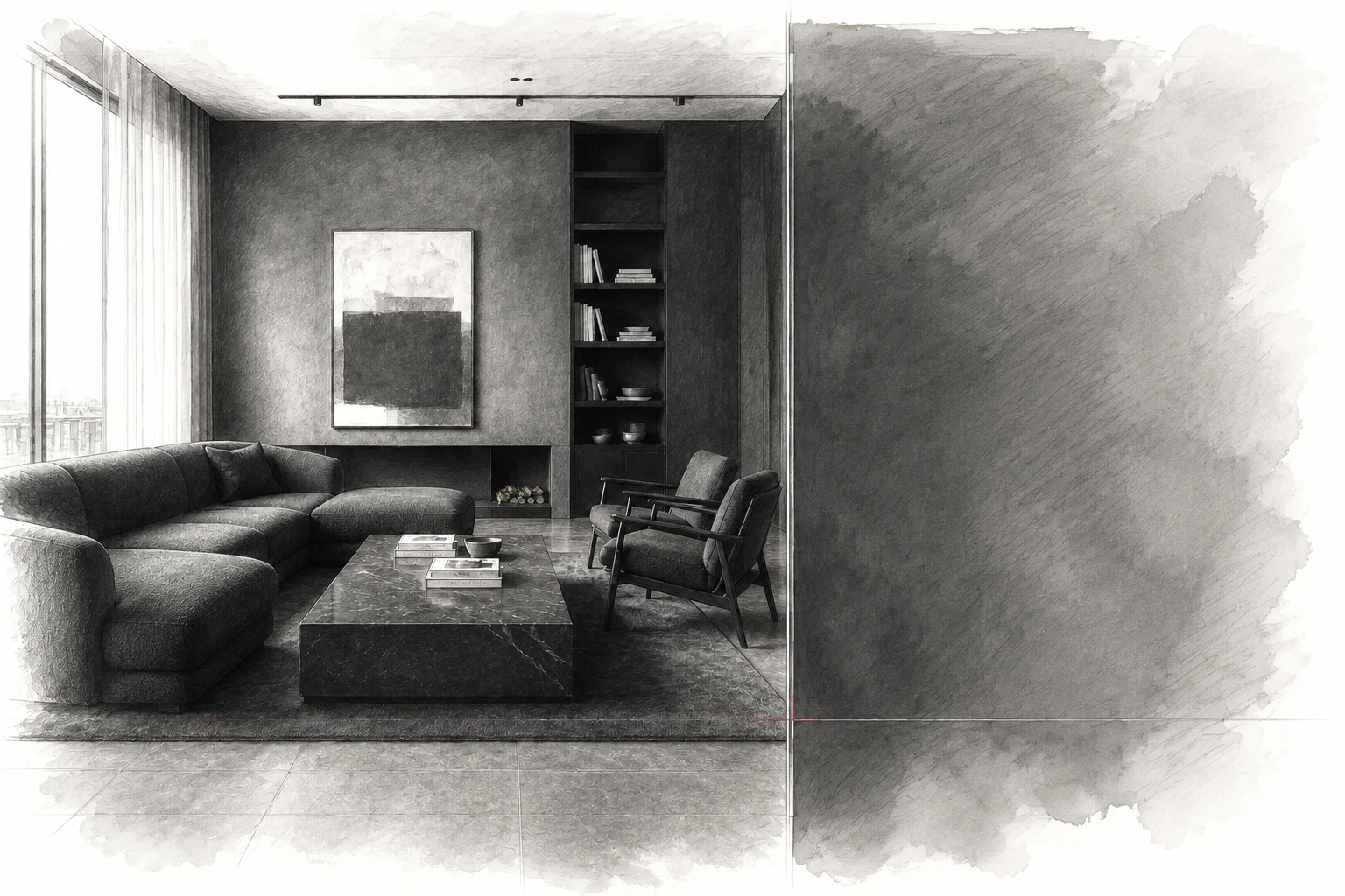 Pencil-and-wash architectural study of a residence with a dark stone fireplace and sculptural seating