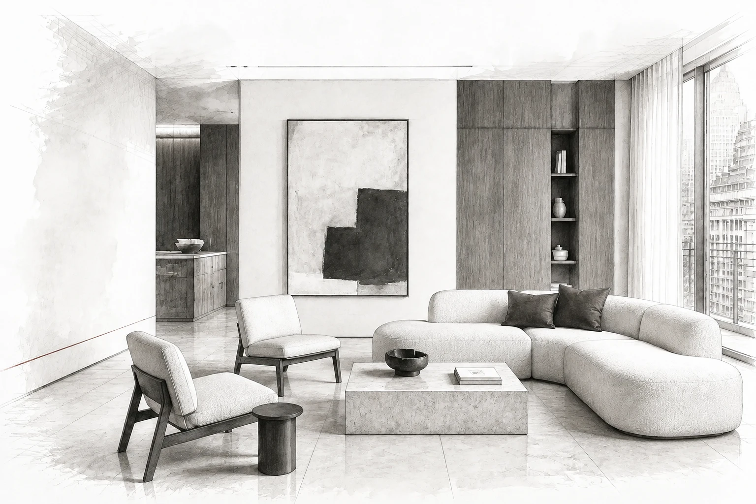 Architectural study of a finished residence with pale stone, tailored seating and fine pencil lines