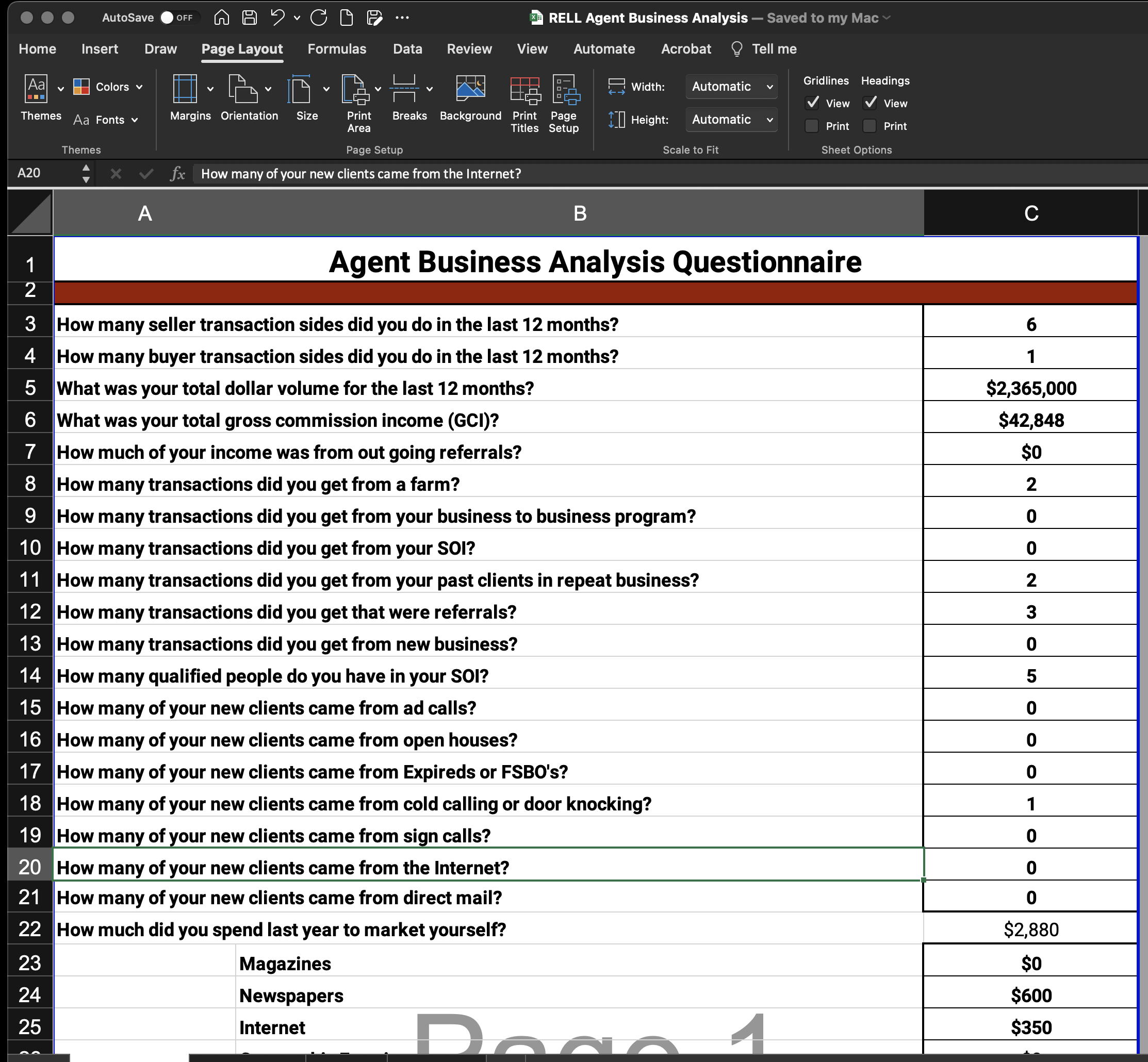 Our Agent Business Analytic: Your Key To Measuring Success And Driving Growth 2 Agent Business Analysis Questionnaire with fields for sides, sales volume, income and marketing spend