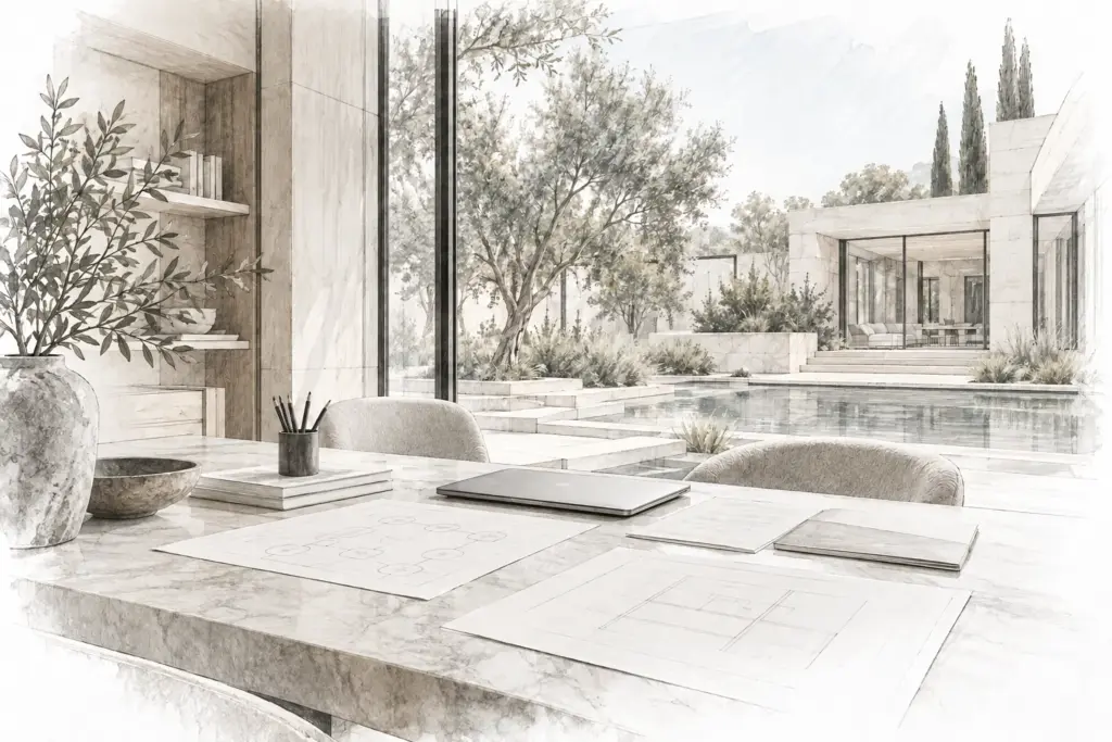 Ai Consulting And Implementation For Real Estate 1 Architectural pencil study of a consulting workspace with planning sheets and a laptop overlooking a modern residential courtyard.