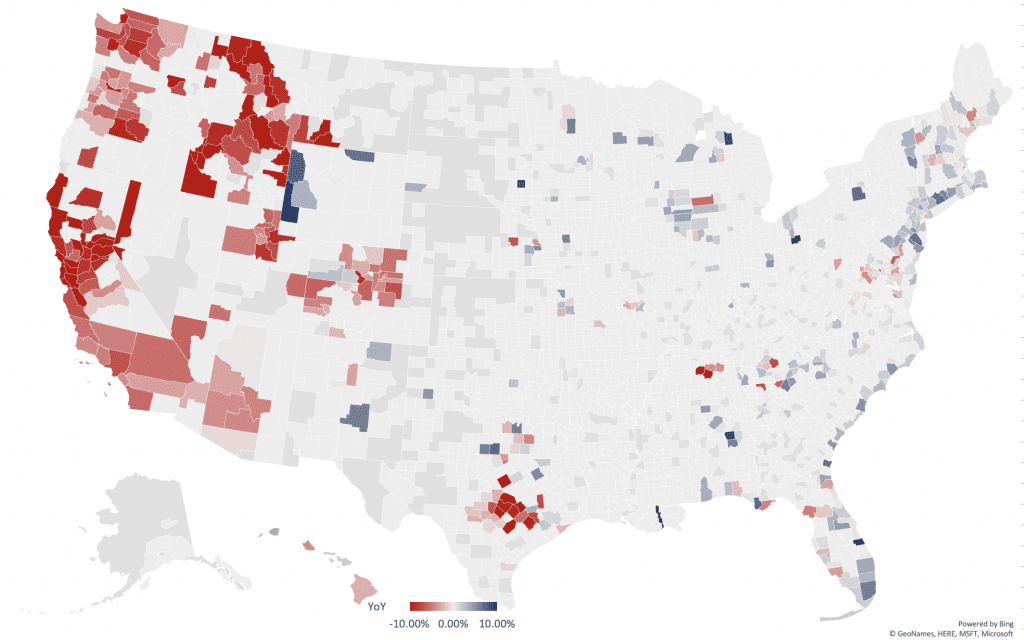 Luxury Real Estate Report: July 2023 – Navigating The Luxury Real Estate Landscape 1 July 2023 U.S. luxury real estate report map with county-level year-over-year shading, legend, and attribution.