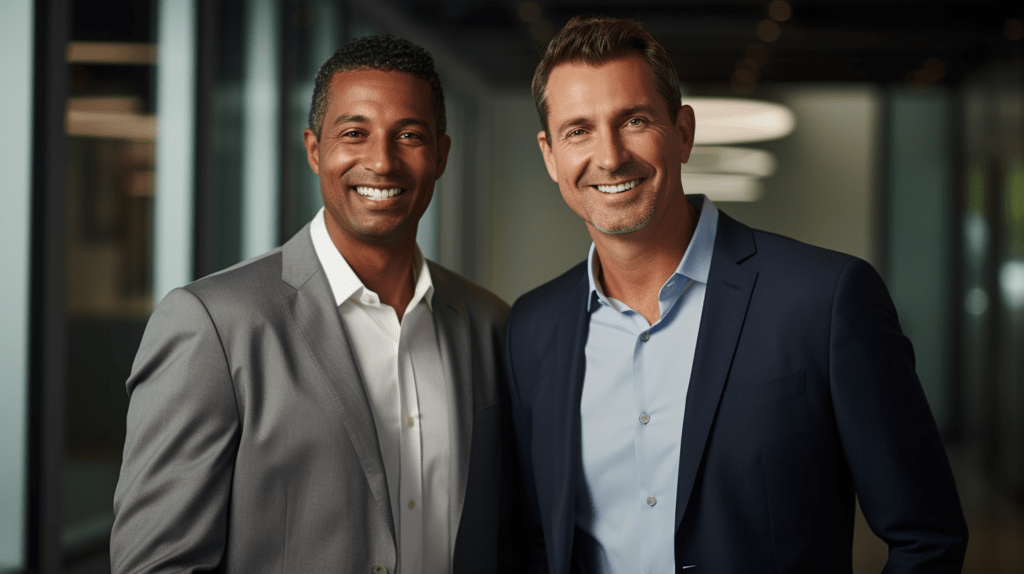 Luxury real estate professionals discussing technology innovation