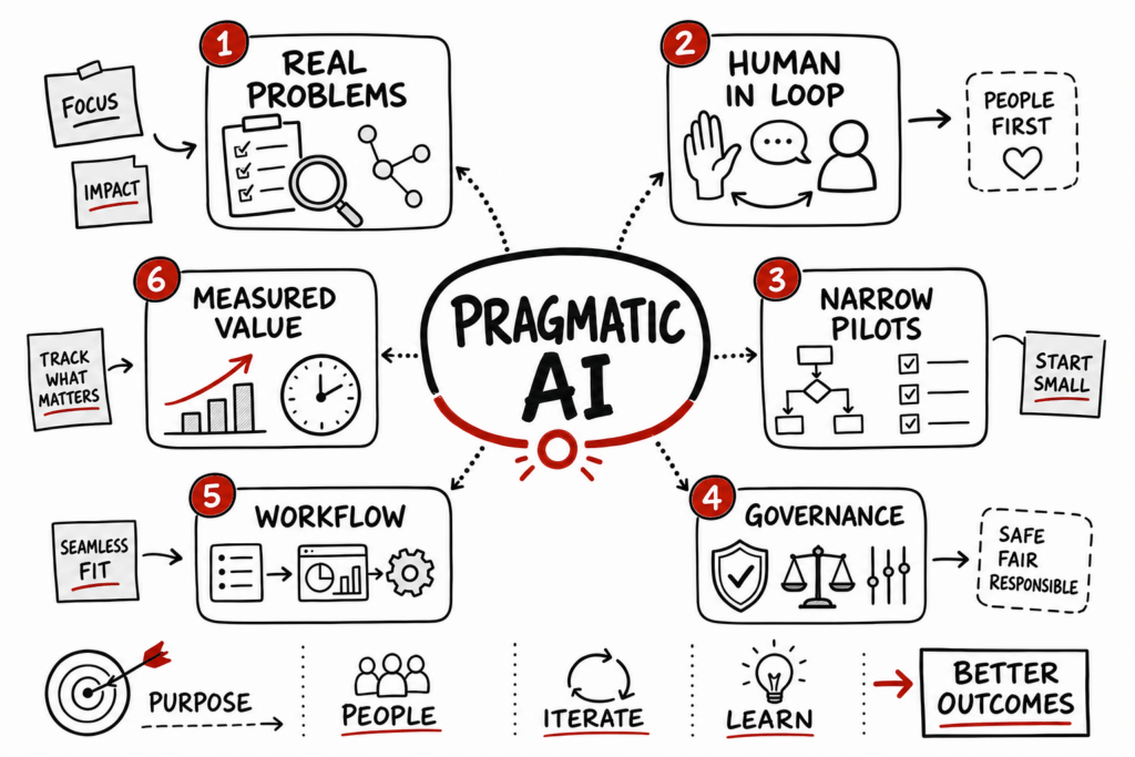 Ai For Good Summary: Practical Ai Lessons For Leaders 1 Whiteboard sketchnote of practical AI: real problems, human oversight, governance, workflow, and measured value.