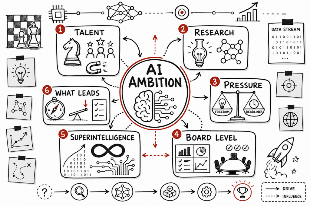 Whiteboard sketchnote of AI ambition, talent, research tension, board strategy, and superintelligence.