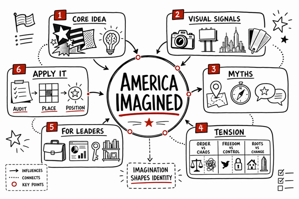 Whiteboard sketchnote on America as imagination, myths, visual signals, tension, and leadership application.