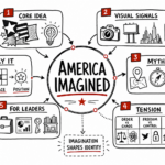 Whiteboard sketchnote on america as imagination, myths, visual signals, tension, and leadership application.