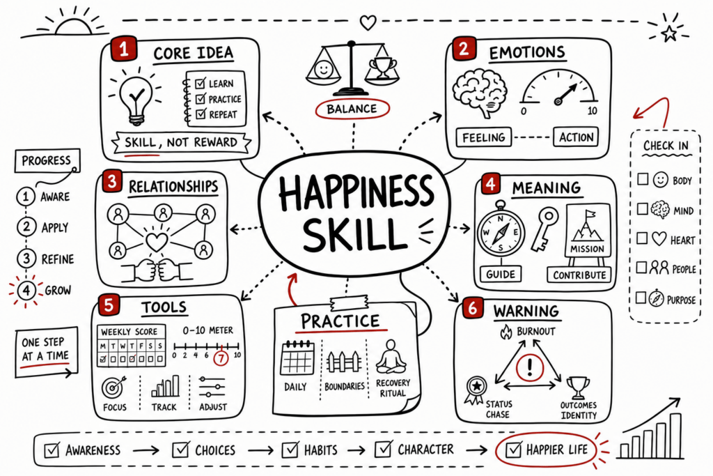 Build The Life You Want Summary For Sustainable Success 1 Whiteboard sketchnote on happiness as a leadership skill with emotions, relationships, meaning, tools, and warning icons.