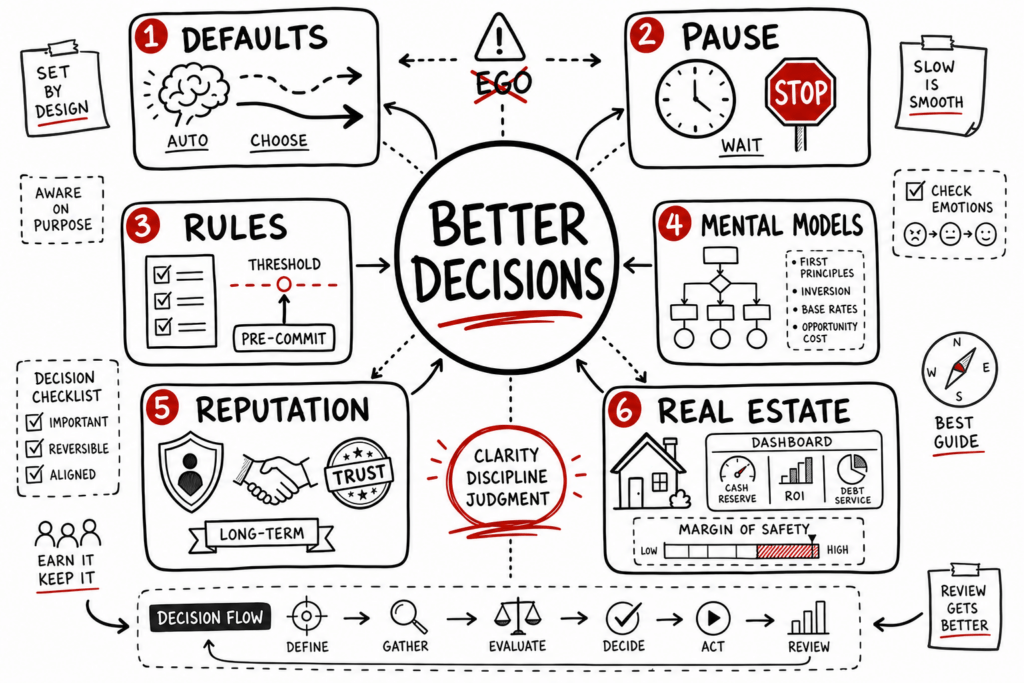 Clear Thinking Summary: Shane Parrish For Real-Estate Leaders 1 Whiteboard sketchnote on clear thinking: defaults, pause, rules, mental models, reputation, and real-estate decisions.