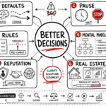 Whiteboard sketchnote on clear thinking: defaults, pause, rules, mental models, reputation, and real-estate decisions.