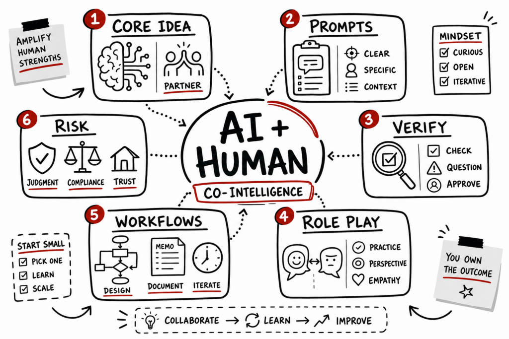 Co-Intelligence Summary: Ai Strategy For Real Estate Leaders 1 Whiteboard sketchnote about AI as a human collaborator, with prompts, verification, workflows, role-play, and risk.
