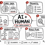 Whiteboard sketchnote about ai as a human collaborator, with prompts, verification, workflows, role-play, and risk.