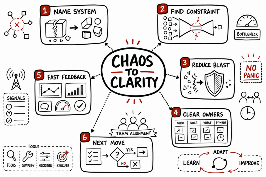 Whiteboard sketchnote on turning chaos into clarity with system mapping, bottlenecks, ownership, and feedback loops.