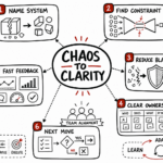 Whiteboard sketchnote on turning chaos into clarity with system mapping, bottlenecks, ownership, and feedback loops.