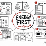 Whiteboard sketchnote on energy-first productivity, with audit, motivation, recovery, warning, and application clusters.