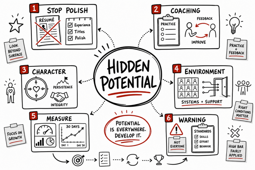Adam Grant Hidden Potential Takeaways For Brokerage Leaders 1 Whiteboard sketchnote on hidden potential, coaching, character, measurement, and brokerage leadership.