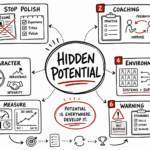 Whiteboard sketchnote on hidden potential, coaching, character, measurement, and brokerage leadership.
