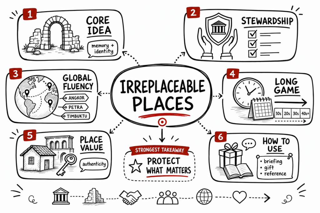 Irreplaceable 60 Of Humanity’s Most Treasured Places Review 1 Sketchnote of irreplaceable places: heritage, stewardship, global fluency, long-term value, and use as a briefing/gift.