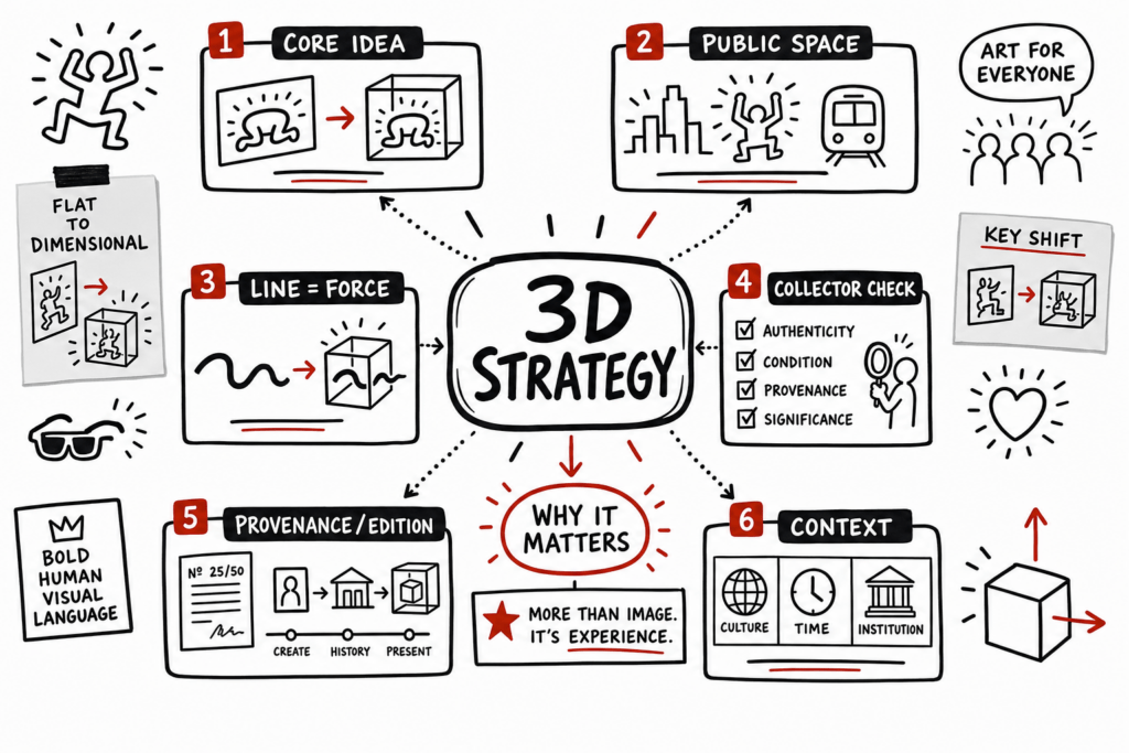 Keith Haring In 3D Review: Collector Context Without Hype 1 Whiteboard sketchnote on Keith Haring’s 3D work, with concept bubbles, collector checks, and red accents.