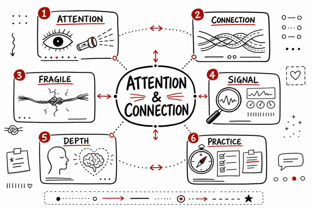 Whiteboard sketchnote on attention, fragile connection, signal, depth, and practice for Light and Thread.