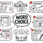 Whiteboard sketchnote on magic words for luxury real estate: identity, certainty, questions, specificity, warning, practice.