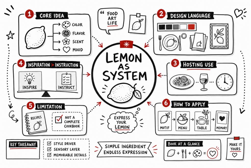 Squeeze Me Lemon Recipes And Art Review: Luxe Briefing 1 Whiteboard sketchnote of lemon-themed cookbook-art review with hosting, design, and practical takeaways.