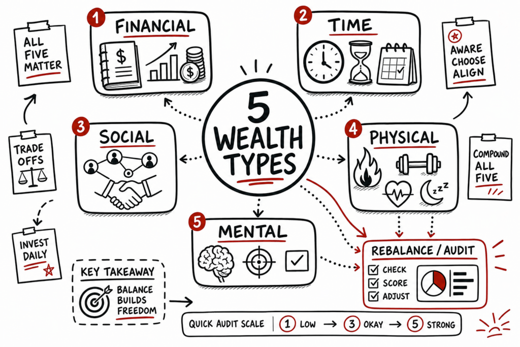 The 5 Types Of Wealth Summary For Luxury Real Estate Leaders 1 Whiteboard sketchnote of five wealth types: financial, time, social, physical, and mental.