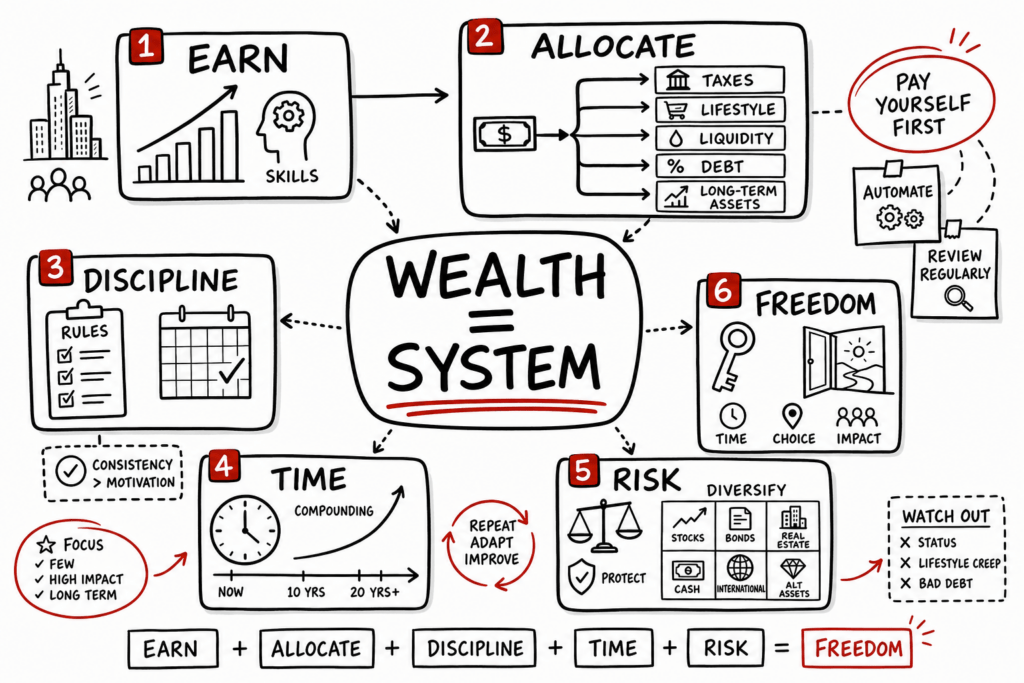 The Algebra Of Wealth Summary: Review For High Earners 1 Whiteboard sketchnote on wealth: earn, allocate, discipline, time, risk, and freedom.