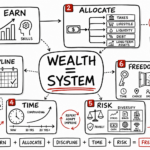 Whiteboard sketchnote on wealth: earn, allocate, discipline, time, risk, and freedom.
