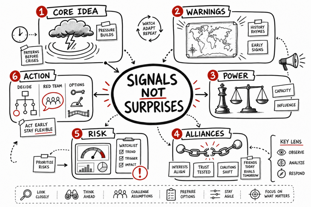 The Coming Storm Summary: Power, Conflict, And Leadership Signals 1 Whiteboard sketchnote on power, conflict, alliances, risk signals, and strategic foresight.