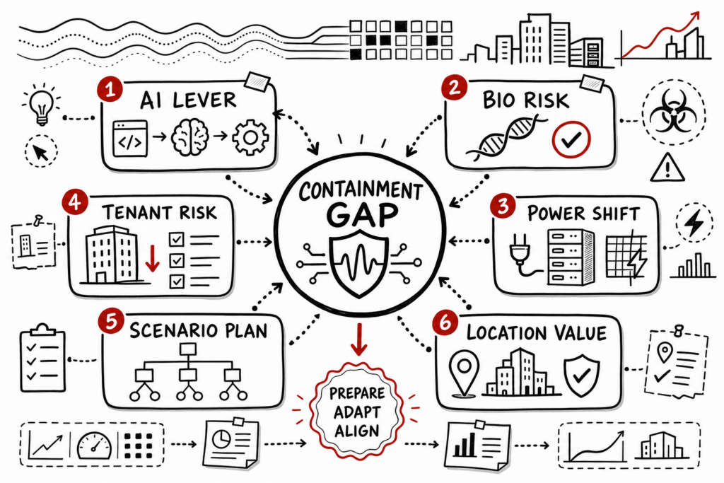 Whiteboard sketchnote on AI containment, biosafety, power, tenant risk, and real-estate strategy.