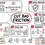 Whiteboard sketchnote showing how to cut bad friction and protect good friction in workflows.