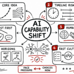 Whiteboard sketchnote on ai capability shifts, timelines, human value, trust, and three-horizon strategy.