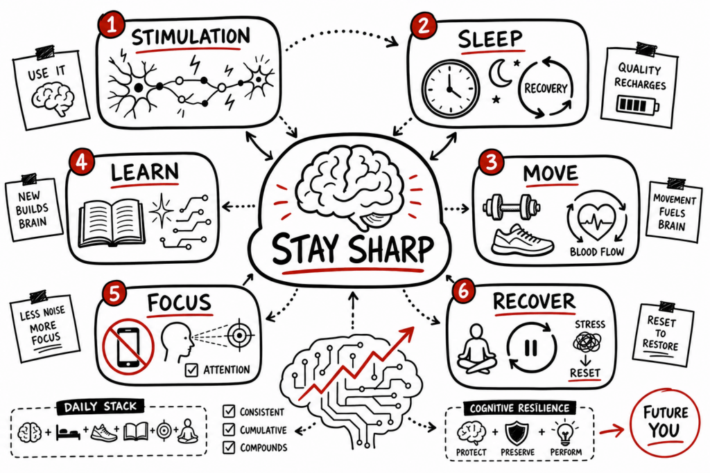 Whiteboard sketchnote of brain health habits: sleep, movement, learning, focus, recovery, and stimulation.