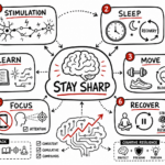 Whiteboard sketchnote of brain health habits: sleep, movement, learning, focus, recovery, and stimulation.