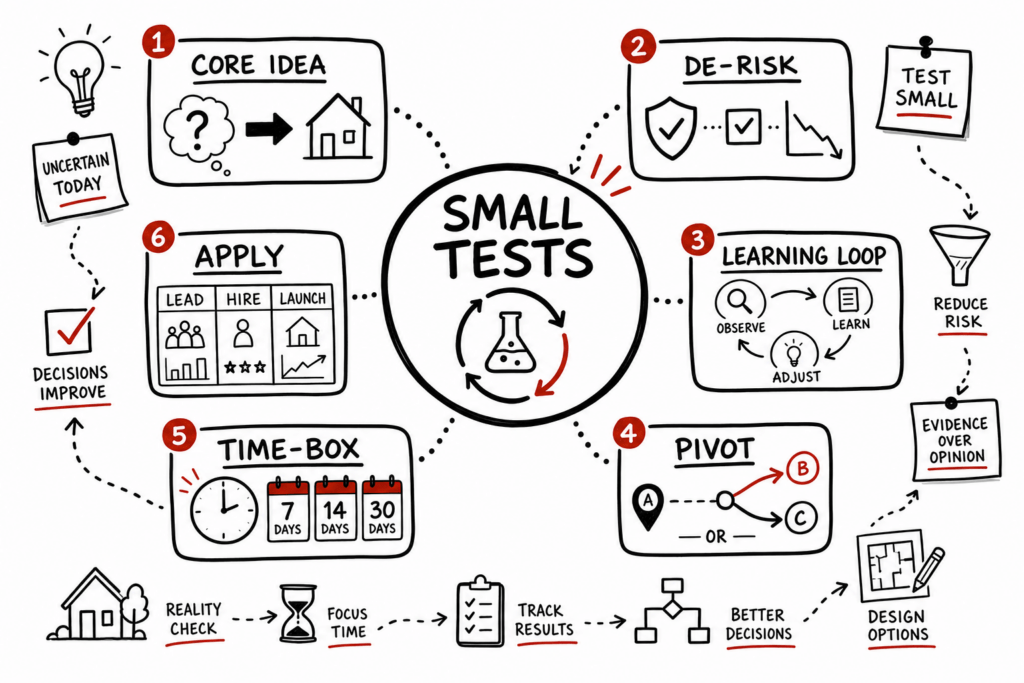 Whiteboard sketchnote of small experiments, risk reduction, learning loops, pivots, and time-boxed tests.