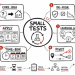 Whiteboard sketchnote of small experiments, risk reduction, learning loops, pivots, and time-boxed tests.