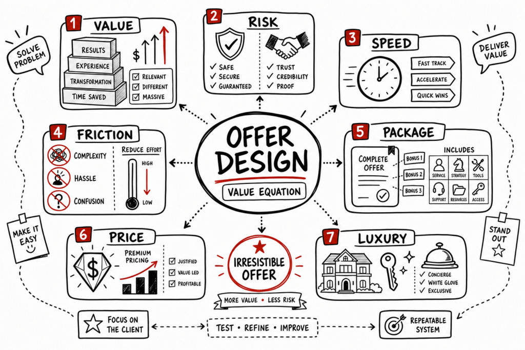 $100M Offers Summary: Pricing Lessons For Luxury Real Estate 1 Whiteboard sketchnote of offer design, value, risk, speed, pricing, and luxury real estate strategy.