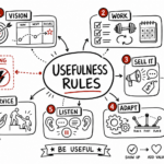 Whiteboard sketchnote of be useful with vision, work, adapt, listen, sell, and service icons.