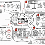 Whiteboard sketchnote mapping money systems, real returns, debt risk, settlement, liquidity, and real estate resilience.