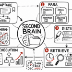 Whiteboard sketchnote of second-brain note system with capture, para, distill, retrieve, and execute clusters.
