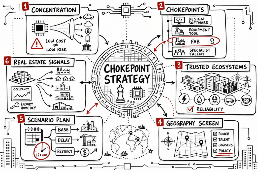 Chip War Summary And Review: Capital Risk And Strategy 1 Whiteboard sketchnote maps semiconductor chokepoints, trusted ecosystems, scenario planning, and real estate signals.