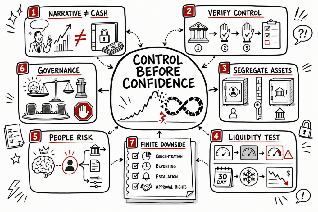 Sketchnote map showing how founder confidence must be matched by cash controls, governance, asset segregation, and liquidity testing.