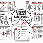 Sketchnote map showing how founder confidence must be matched by cash controls, governance, asset segregation, and liquidity testing.