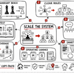 Whiteboard sketchnote showing how leaders scale systems, teams, culture, roles, and operating cadence beyond founder dependency.