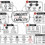 Whiteboard sketchnote on longevity for executives with exercise, nutrition, sleep, risk, and emotional health icons.
