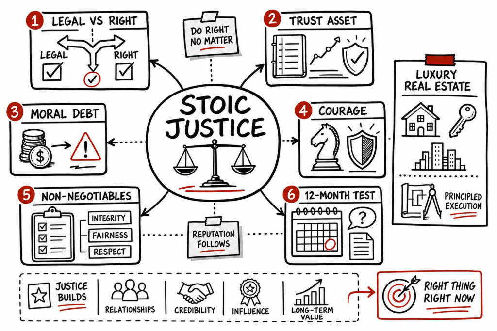 Whiteboard sketchnote about stoic justice, legal-vs-right decisions, trust, courage, and ethical leadership.