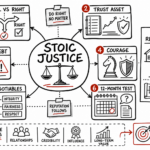Whiteboard sketchnote about stoic justice, legal-vs-right decisions, trust, courage, and ethical leadership.