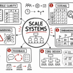 Whiteboard sketchnote on scaling teams with role clarity, hiring, onboarding, feedback, and org design.